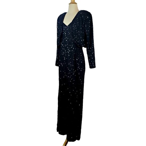 Vintage Formal Silk Black Sequin Beaded Dress Glam Event Gown Bolero Jacket Sz M - Picture 6 of 16